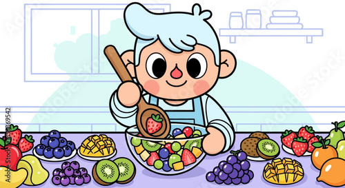 Cute cartoon boy making a fruit salad in the kitchen.