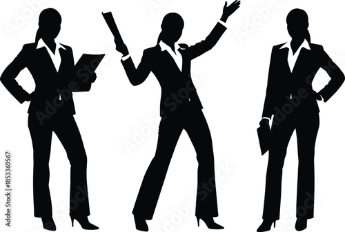 Businesswomen silhouette, professional attire, corporate presentation, confident pose, document holding, leadership gesture, teamwork concept, office illustration, black and white, communication