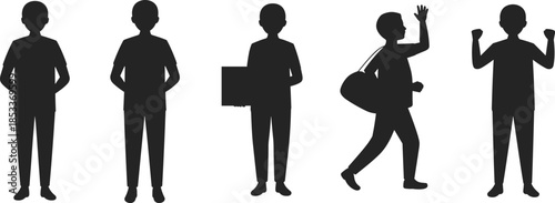 Man silhouette poses vector illustration, casual male character in different actions, walking, holding, waving, standing, concept of human activity and lifestyle design