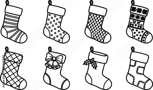 Eight different Christmas stockings with various designs hanging on a white background