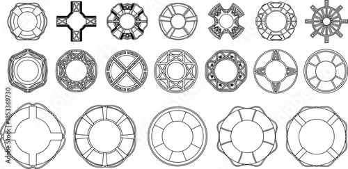 Mechanical circle designs, abstract gears, geometric patterns, black and white vector, radial symmetry, engineering icons, schematic wheels, decorative elements, precision art
