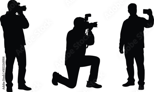 Photography silhouette, camera action, smartphone capture, kneeling photographer, creative moment, black illustration, visual storytelling, image technique, photo pose, device usage