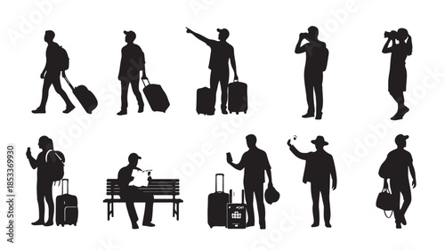 Travelers Silhouettes with Luggage on White Background