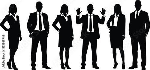 Professional business people silhouettes group in suits, diverse corporate team standing together, successful office workers, leadership and teamwork concept background