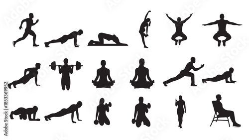 Black Silhouettes of People Exercising and Meditating in Various Poses on White Background