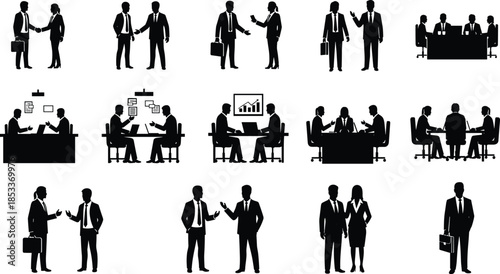 Professional Business People Silhouettes Set, Corporate Meeting, Handshake, Teamwork Collaboration, Office Communication, Management Success, Career Development, Presentation and Partnership Graphics