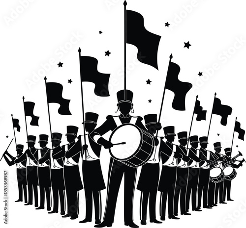 Marching band silhouette, black vector illustration, festive parade formation, flag and drum performance, symmetrical design concept, musical celebration artwork, starry background