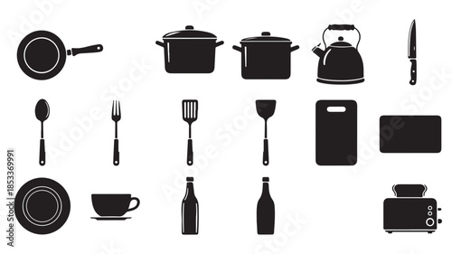 Kitchen Utensils and Cookware Silhouettes on White Background