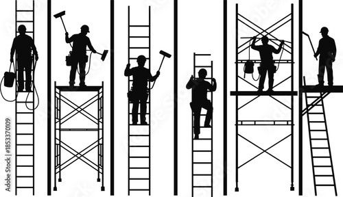 Silhouette set of construction workers, painters, and builders using ladders and scaffolding for industrial maintenance, renovation, and professional building services.