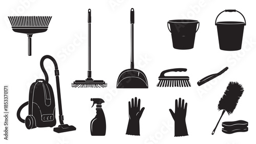 Cleaning Tools and Equipment on White Background