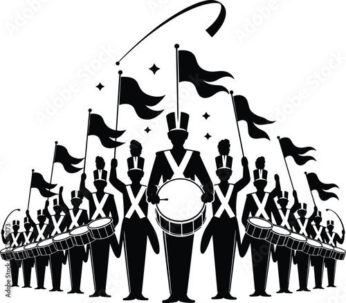 Marching band silhouette, black vector illustration, symmetrical drummer formation, festive parade scene, uniformed performers, flag waving design, musical celebration concept