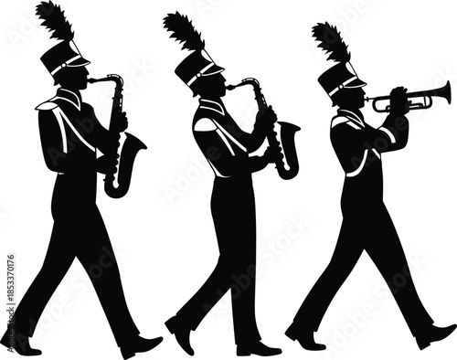 Marching band silhouette, trumpet and saxophone players, musical performance, uniformed musicians, parade formation, vector illustration for music, art, and education content