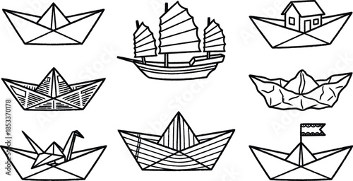 Paper boats and ships in various designs and styles on white background