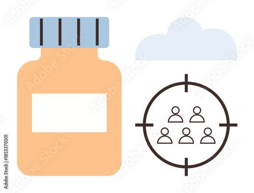 Medicine bottle next to a focus target holding silhouette of people beneath a cloud. Ideal for healthcare, public health, targeting solutions, medical research, population studies, personalized care