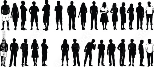 Silhouetted Casual People, Diverse Men and Women Standing in Summer Outfits, Vector Crowd Collection for Community and Lifestyle Social Concepts. (20 words)