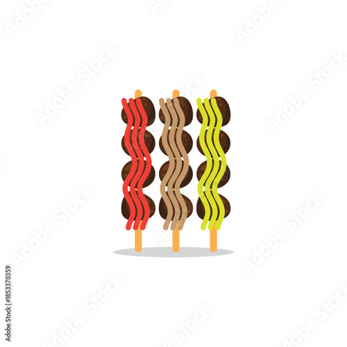 Satay food symbol logo illustration. skewered satay with colorful sauces. Traditional Asian food cuisine.