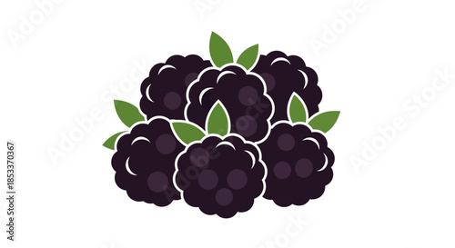 A cluster of ripe blackberries with green leaves, dark purple fruit, illustration, graphic design element, white background, fresh and healthy snack, antioxidant rich