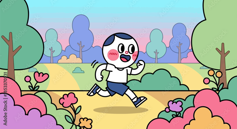Fototapeta premium Happy cartoon boy running in a park enjoying outdoor activity.