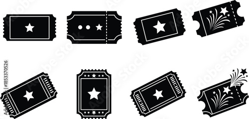Ticket icon set, event admission, entertainment pass, black and white vector, celebration design, concert ticket, show entry, decorative layout
