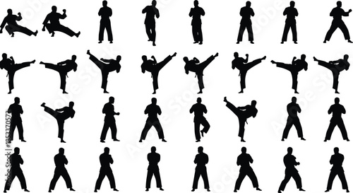 Martial arts silhouettes set, karate taekwondo fighting poses and kicks collection, combat sport training actions, strength discipline concept, black flat vector illustration