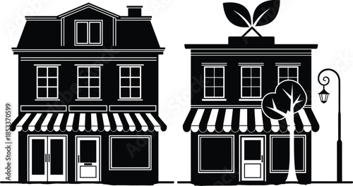 Traditional storefront, eco-friendly shop, green architecture, urban contrast, black and white illustration, striped awning, tree, street lamp, plant roof, windows