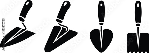 Masonry and construction trowel tools vector illustration, plastering, bricklaying, gardening, and repair equipment icons set for builder, renovation, and DIY design projects