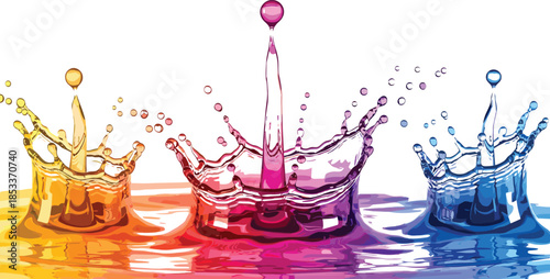 Water splash crown, colorful droplets, fluid motion, artistic illustration, liquid impact, vibrant colors, reflection, ripple effect, dynamic shape, digital artwork
