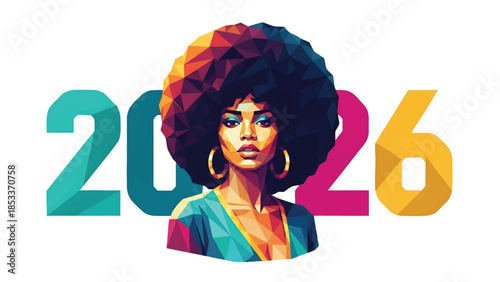Digital illustration of a woman with afro hairstyle and colorful outfit standing next to large numbers on a white background with a vibrant and playful mood.