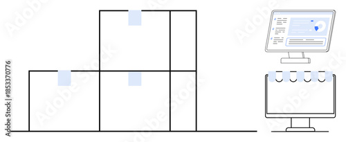 Logistics, inventory tracking, warehouse operations, digital tools, supply chain management, packaging. Stacked boxes with labels and a computer screen. Logistics and inventory tracking concept