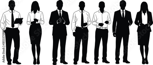 Diverse group of business professionals in formal attire silhouettes standing in a row isolated on white background for corporate teamwork