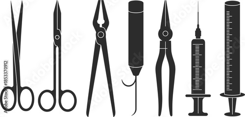 Medical and surgical instrument vector illustration, black silhouette tools including scissors, pliers, syringe, needle, and tweezers, isolated healthcare equipment design for hospital use