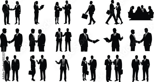 Diverse group of business professionals silhouettes shaking hands, networking, and collaborating, corporate team meeting collection isolated on white background for design,