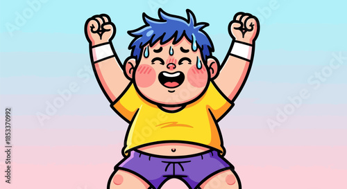 Overweight boy with blue hair sweating and celebrating success.