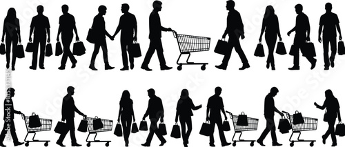 Diverse group of shoppers silhouette set with people carrying shopping bags and pushing carts, retail commerce collection isolated on white background,