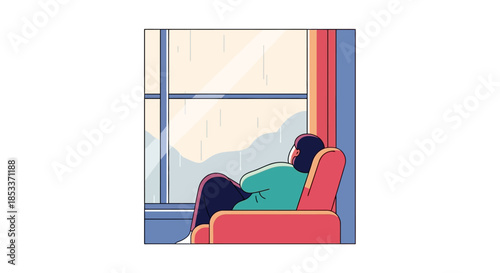 Woman sitting in armchair looking out window.