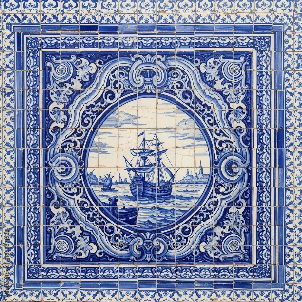 Obraz premium Intricate nautical scene displayed in a striking azulejo tile artwork with elaborate frame