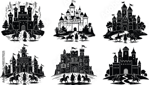 Medieval castle silhouette collection with knights on horseback, fantasy fortress architecture, fairy tale royal scenery, perfect for historical illustration, 