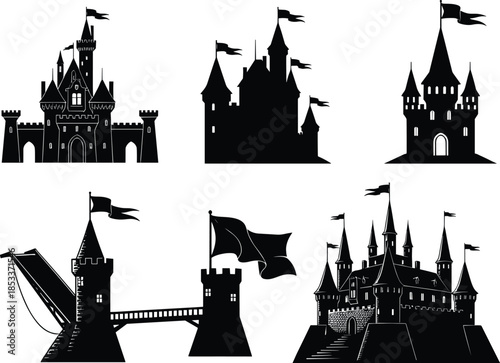 Medieval castle silhouette vector set, fantasy fortress icons, black castle illustrations with flags, architectural elements for game, story, or design