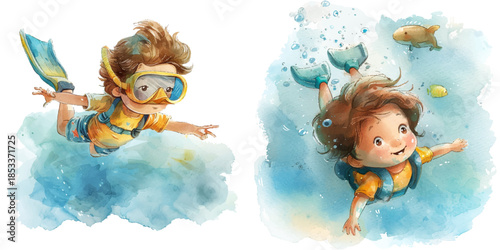cute kid diving watercolor vector illustration