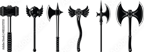 Medieval weapon silhouette set, vintage battle axes, war hammers and maces collection, fantasy game design elements, ancient armory vector illustration, isolated icons