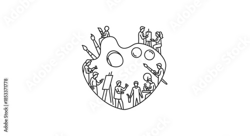 A vibrant artistic community gathers on a large paint palette surrounded by brushes and easels with people painting and creating artwork together in a collaborative