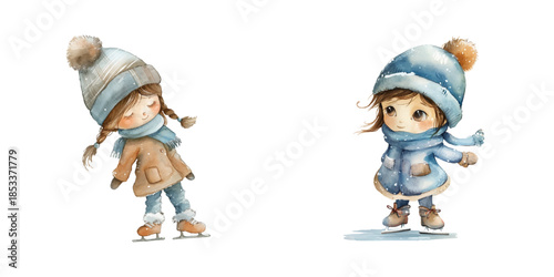 cute kid figure skating watercolor vector illustration