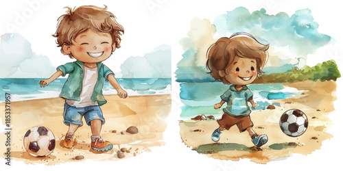 cute kid playing soccer on the beach watercolor vector illustration