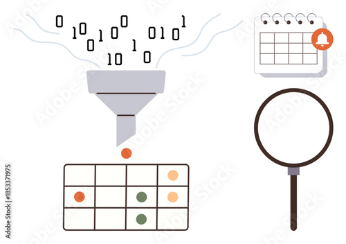 Binary data enters a funnel leading to a structured table, complemented by a calendar with notification and magnifying glass. Ideal for data processing, organization, analysis, efficiency