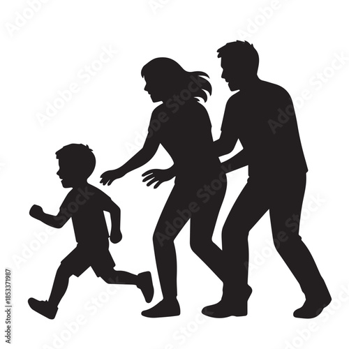 Playful running family silhouette perfect for energetic, joyful vector scenes.