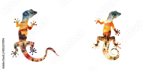 silhouette gecko with desert scene inside watercolor vector illustration