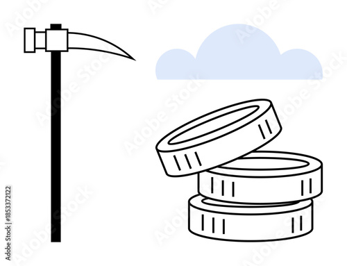 Cryptocurrency, blockchain technology, cloud computing, digital economy, virtual mining, investment. A pickaxe, stacked coins and a cloud. Cryptocurrency and blockchain technology concepts