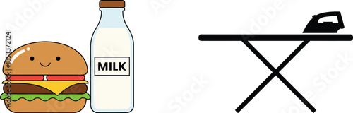 Flat vector illustration featuring a cute smiling hamburger next to a fresh glass milk bottle and a black silhouette of an ironing board