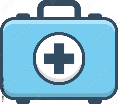 Flat vector illustration of a blue medical first aid case with a prominent white cross symbol representing healthcare emergency response and hospital safety equipment
