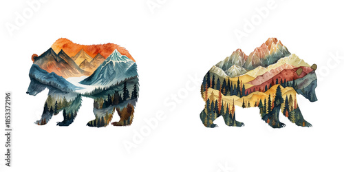 silhouette grizzly with mountain scene inside watercolor vector illustration